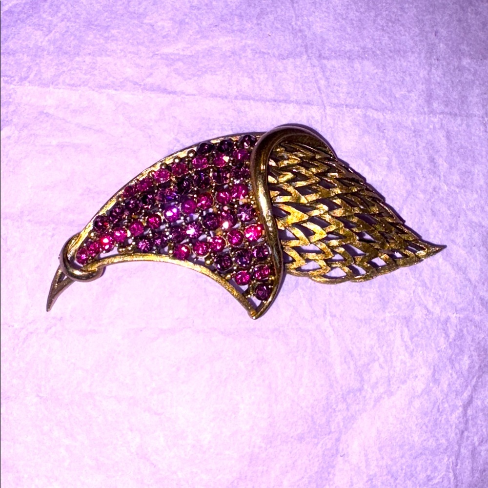 Vintage Cornucopia J.J. Jonette Signed Brooch Gold-tone Pin Purple & Pink Stones